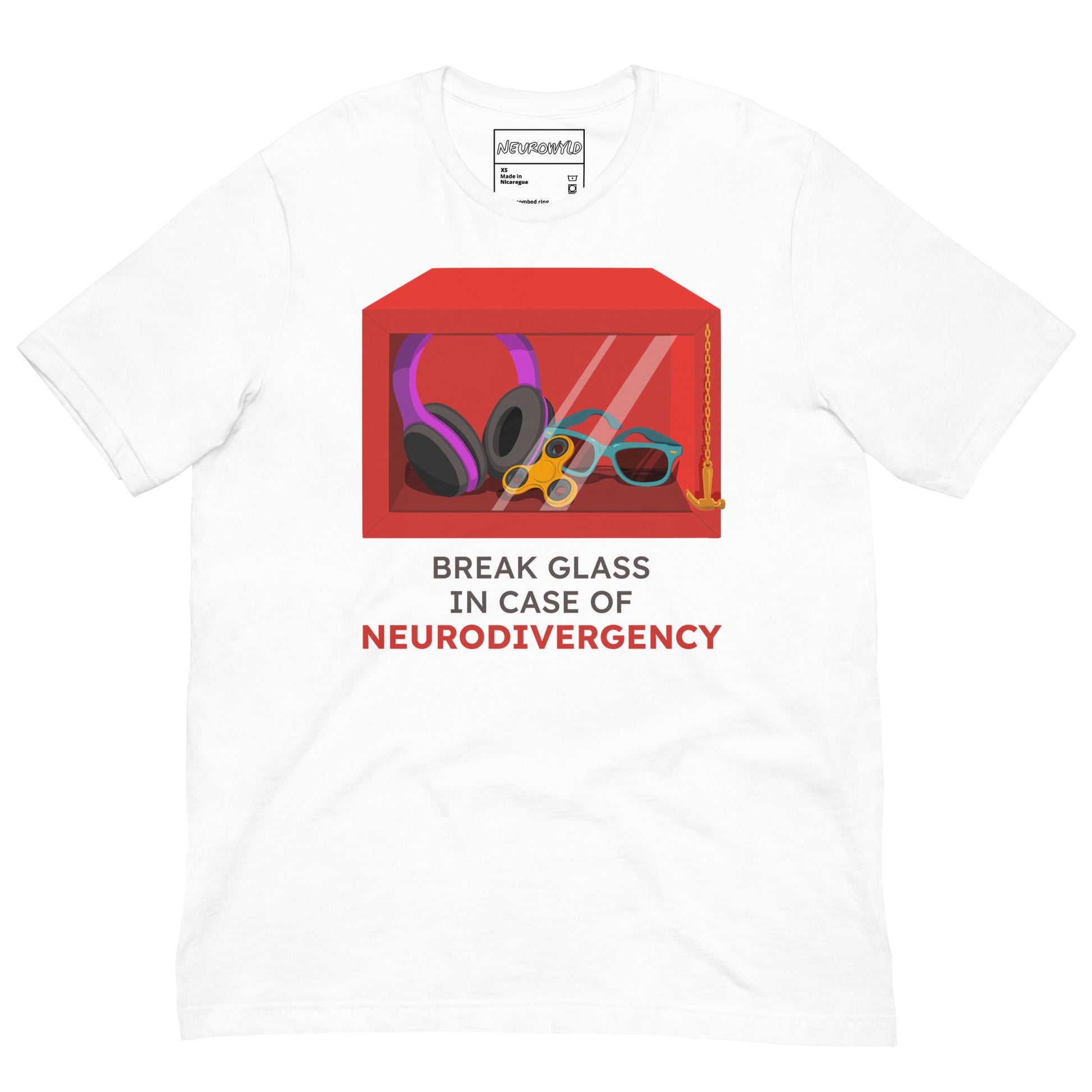 white t-shirt featuring a red emergency box illustration filled with noise-canceling headphones, a fidget spinner, sunglasses, and a small anchor. Below the box, bold text reads 'Break Glass in Case of Neurodivergency' with 'Neurodivergency' highlighted in red.