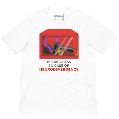 white t-shirt featuring a red emergency box illustration filled with noise-canceling headphones, a fidget spinner, sunglasses, and a small anchor. Below the box, bold text reads 'Break Glass in Case of Neurodivergency' with 'Neurodivergency' highlighted in red.