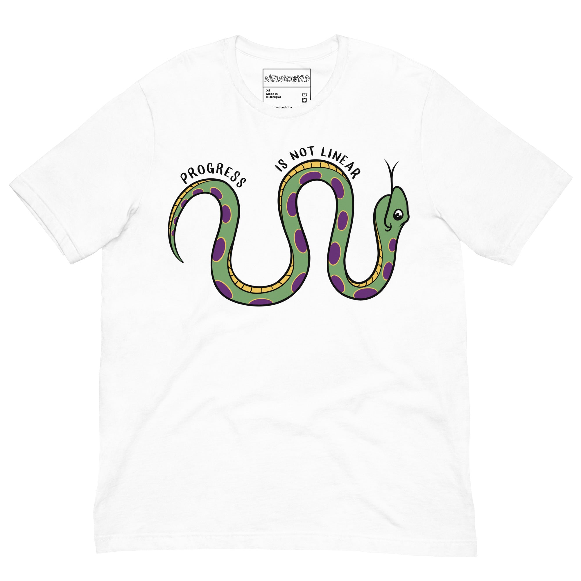 white t-shirt featuring a cartoon snake with green and purple spots, coiled in a wavy shape. Above the snake, the text reads 'Progress Is Not Linear' in black curved lettering.
