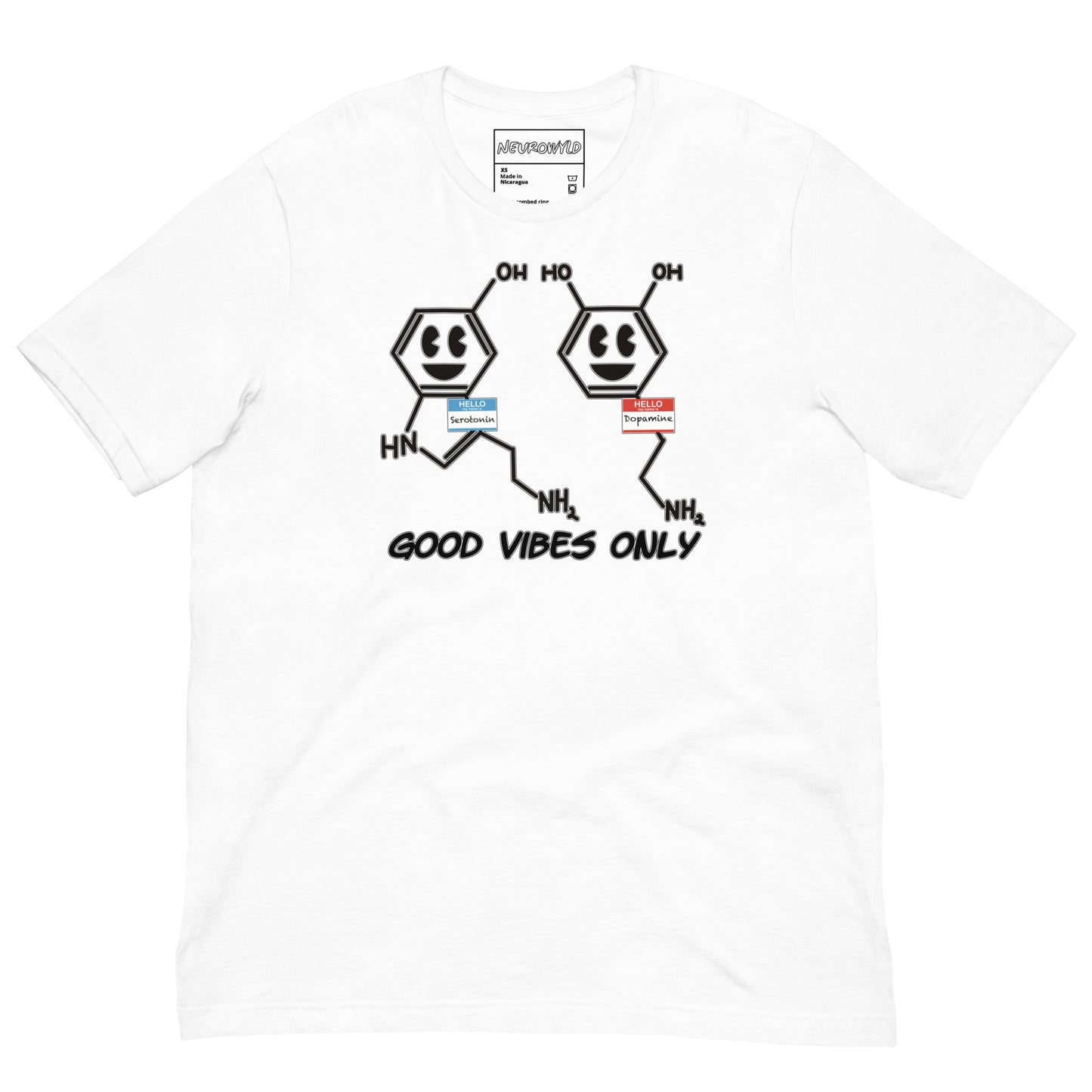 White t-shirt featuring cartoon serotonin and dopamine molecules with smiling faces and name tags. Below them, bold black text reads 'Good Vibes Only'.