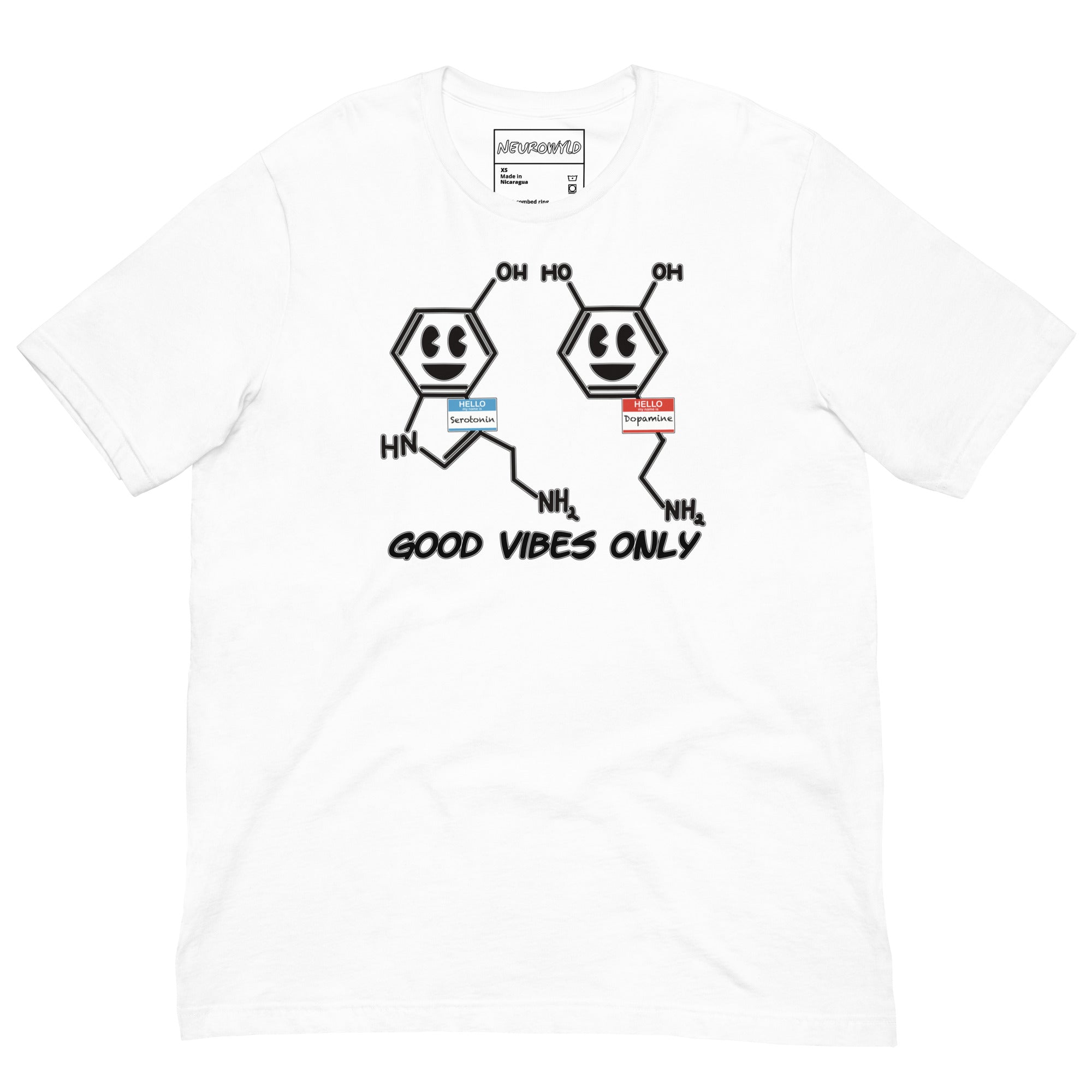 White t-shirt featuring cartoon serotonin and dopamine molecules with smiling faces and name tags. Below them, bold black text reads 'Good Vibes Only'.
