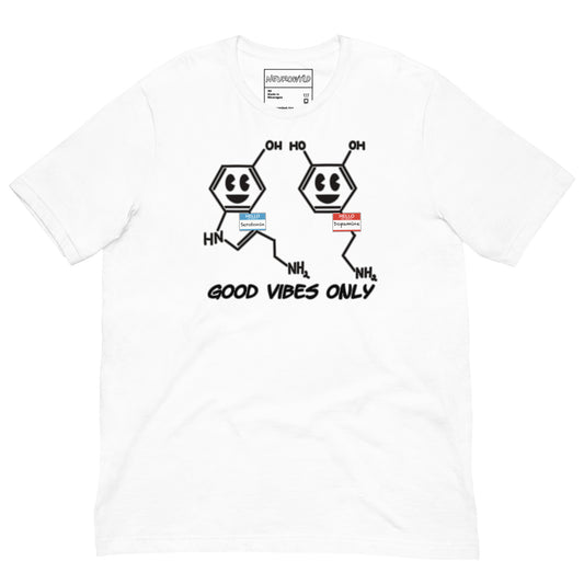 White t-shirt featuring cartoon serotonin and dopamine molecules with smiling faces and name tags. Below them, bold black text reads 'Good Vibes Only'.