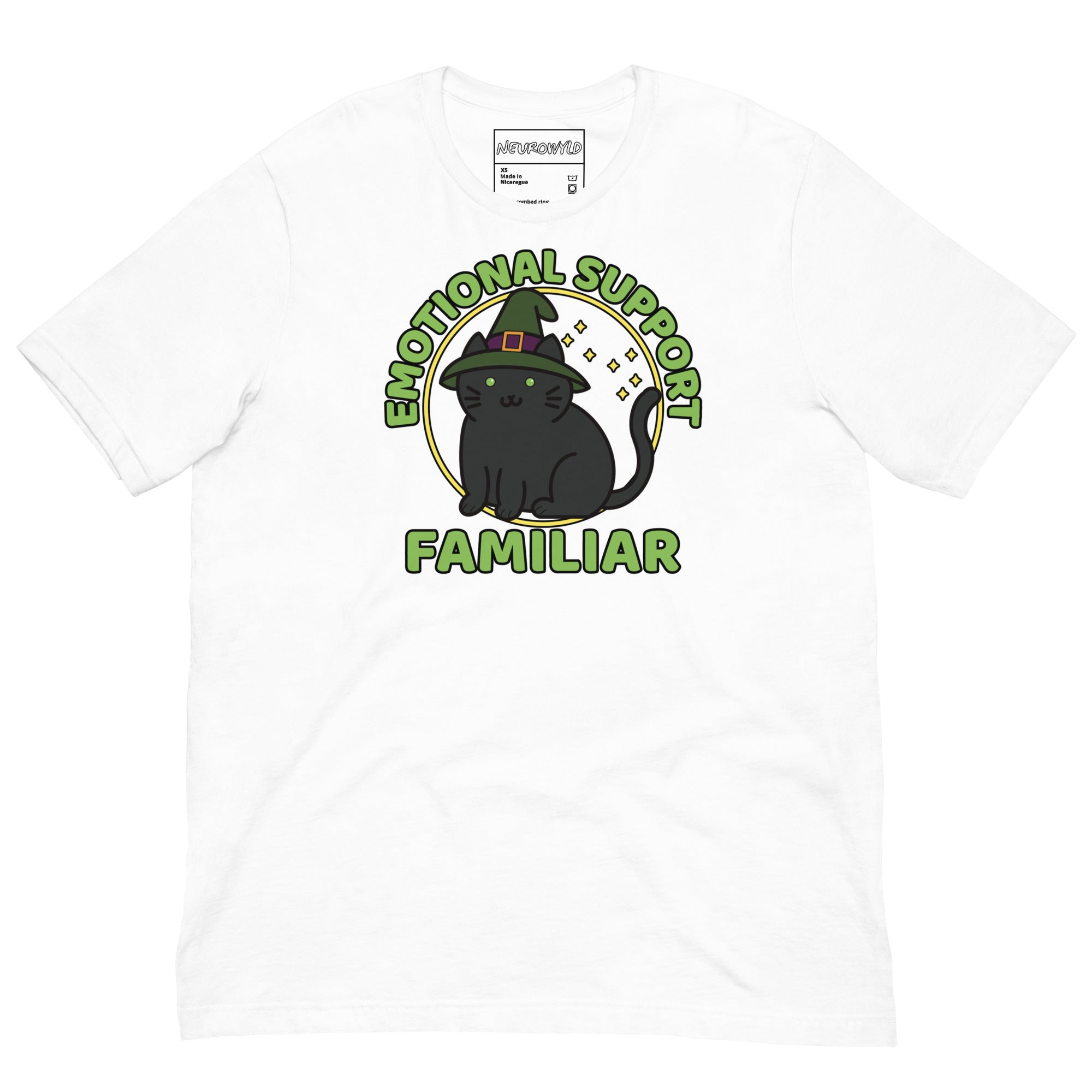 white T-shirt with a cute black cat wearing a witch hat, surrounded by stars, with the text “Emotional Support Familiar.”