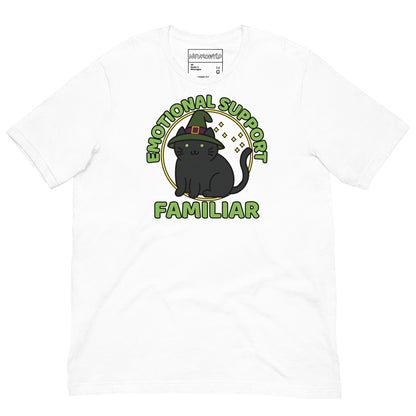 white T-shirt with a cute black cat wearing a witch hat, surrounded by stars, with the text “Emotional Support Familiar.”