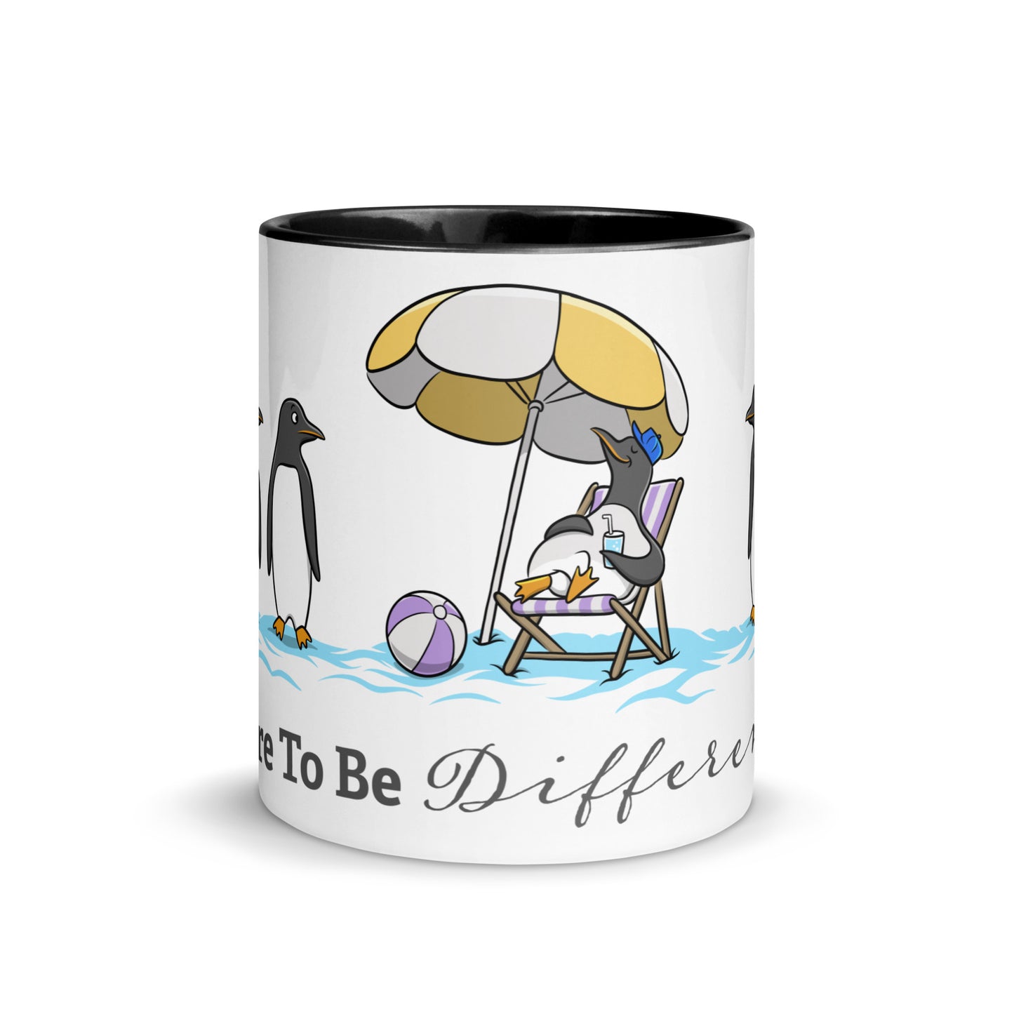 White ceramic mug with black interior featuring a beach scene of penguins and the phrase “Dare To Be Different” — playful neurodivergent identity design