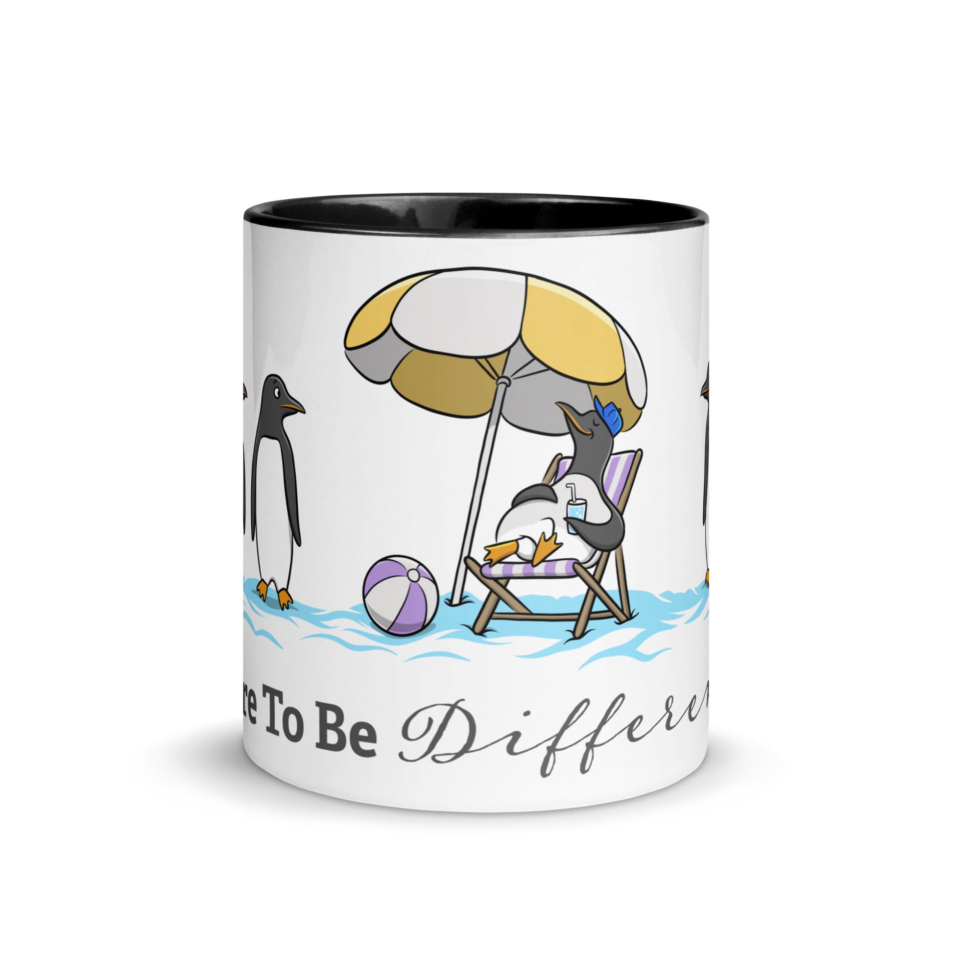 White ceramic mug with black interior featuring a beach scene of penguins and the phrase “Dare To Be Different” — playful neurodivergent identity design