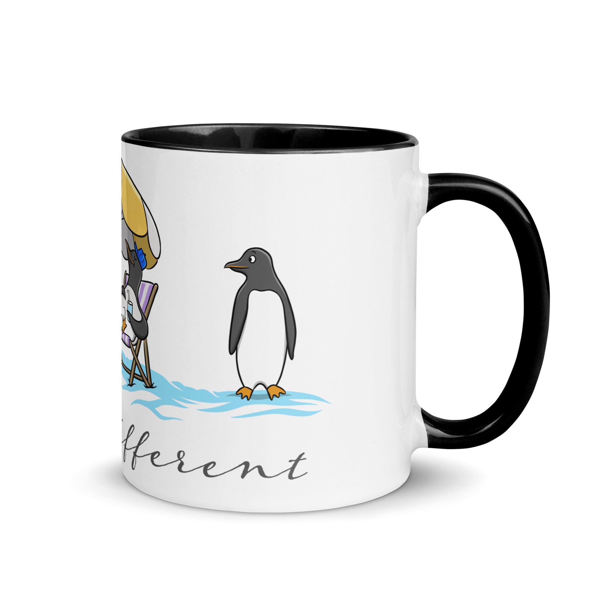 White ceramic mug with black interior featuring a beach scene of penguins and the phrase “Dare To Be Different” — playful neurodivergent identity design