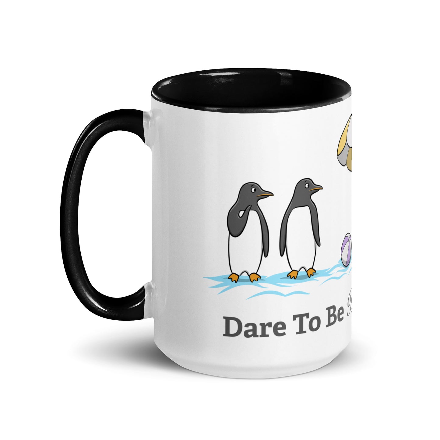 White ceramic mug with black interior featuring a beach scene of penguins and the phrase “Dare To Be Different” — playful neurodivergent identity design